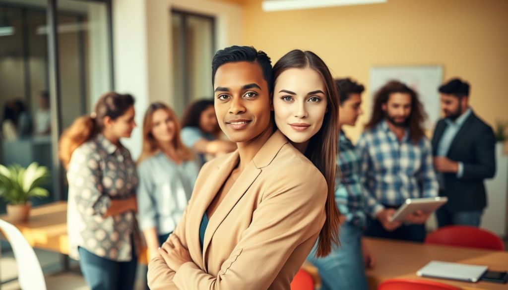 A group of diverse individuals, each with their own distinct personality and style, gathered in a vibrant and modern office setting. The foreground features a young professional woman in a sleek, tailored outfit, her confident gaze meeting the viewer's eyes. Behind her, a middle-aged man in a casual button-down shirt leans back in his chair, a tablet in hand. In the background, a group of coworkers collaborate around a large table, their expressions engaged and animated. The lighting is warm and natural, casting a soft glow on the scene. The overall atmosphere exudes a sense of productivity, creativity, and a dynamic, collaborative work environment.