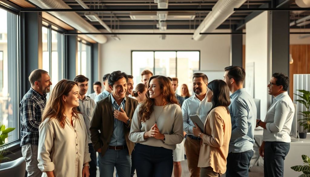 A group of diverse individuals, from different ages, backgrounds, and professions, gathered in a modern, open-plan office setting. Warm, natural lighting filters through large windows, casting a soft glow on the scene. In the foreground, several people are engaged in animated discussions, their body language and facial expressions conveying a sense of collaboration and exchange of ideas. In the middle ground, others are working independently at their desks, their attention focused on their computer screens. The background features clean, minimalist furnishings and decor, creating a professional yet inviting atmosphere. The overall composition suggests a dynamic, inclusive environment where the target audience, a cross-section of potential customers, can be effectively identified and engaged.