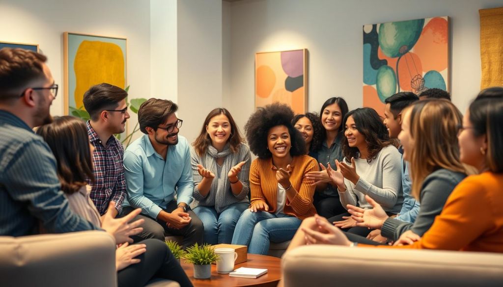 A group of diverse people gathered in a cozy, well-lit meeting room, engaged in animated discussions and exchanging ideas. The atmosphere is warm and inviting, with soft lighting highlighting the participants' faces as they lean in, making eye contact and gesturing enthusiastically. The scene conveys a sense of collaboration, trust, and the importance of building meaningful relationships. The room is furnished with modern, minimalist furniture, and the walls are adorned with colorful, abstract artwork, adding to the overall visually appealing and professional ambiance.
