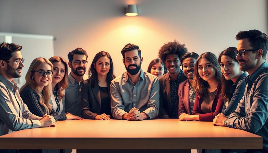A group of diverse personas gathered around a table, each with a unique expression and posture, engaged in a focused discussion. The scene is illuminated by warm, soft lighting from overhead, casting gentle shadows and creating an intimate, collaborative atmosphere. The personas are depicted with a high level of detail, their facial features, clothing, and body language conveying a sense of individuality and depth. The table in the foreground is clean and simple, allowing the personas to take center stage. The background is slightly blurred, hinting at a professional setting or office environment. The overall composition and color palette suggest a thoughtful, introspective mood, reflecting the subject of understanding one's target audience.