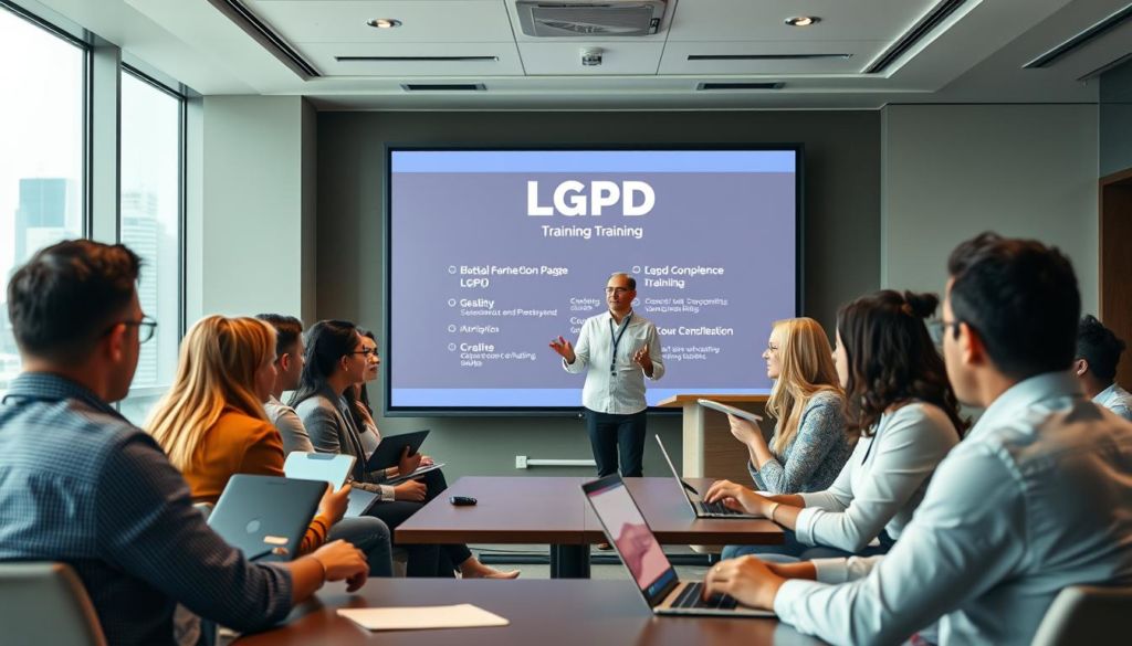 A group of diverse professionals attending a LGPD training session in a modern conference room. The mid-ground features a large screen displaying LGPD-related information, surrounded by attentive participants taking notes on their laptops. In the foreground, an instructor standing at a podium explaining concepts with animated hand gestures. Soft, even lighting from above illuminates the scene, creating a warm, educational atmosphere. The background shows windows overlooking a city skyline, suggesting an urban, professional setting. The overall composition conveys a sense of importance and focus on the topic of LGPD compliance.