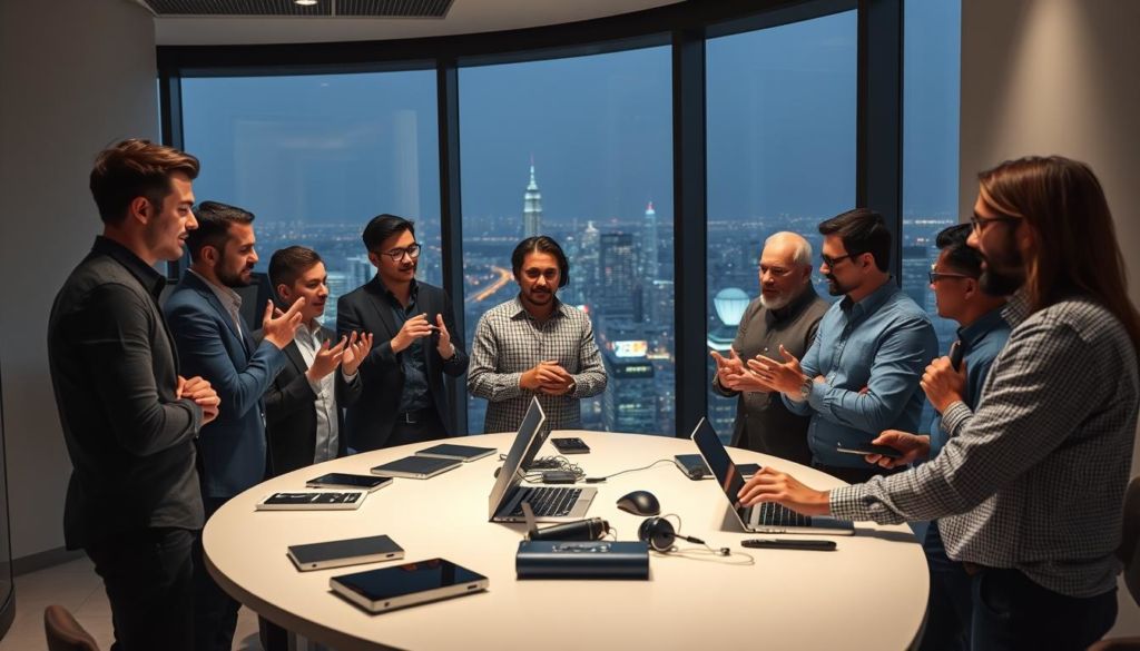 A group of influential crypto enthusiasts gathered in a modern, minimalist office setting. In the foreground, several individuals are engaged in lively discussions, their expressions animated as they gesture animatedly. The middle ground features a sleek, curved desk adorned with various digital devices, while the background showcases floor-to-ceiling windows offering a panoramic view of a bustling cityscape. Soft, directional lighting illuminates the scene, casting a warm, professional glow that enhances the sophisticated atmosphere. The overall mood conveys a sense of innovation, collaboration, and the dynamic nature of the crypto industry.