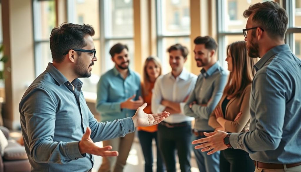 A group of professionals engaged in a lively discussion, their body language conveying rapport and understanding. In the foreground, a salesperson leans forward, gesturing with open palms, establishing a connection with the customer. In the middle ground, a team collaborates, their postures mirroring one another. The background features a warm, inviting office setting with natural lighting filtering through large windows, creating a sense of comfort and productivity. The overall scene radiates a atmosphere of productive, engaged interaction, reflecting the importance of body language in building rapport during sales conversations.