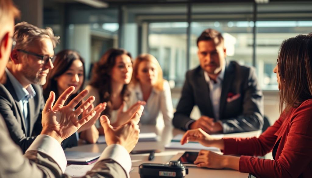 A group of professionals gathered around a table, engaged in a thoughtful discussion. The scene is bathed in warm, natural lighting, creating a contemplative atmosphere. In the foreground, hands gesticulate as they explain ideas, while attentive faces in the middle ground listen intently. The background is slightly blurred, directing the focus to the decision-making process unfolding before us. The composition is balanced, with a sense of collaboration and mutual understanding evident in the body language of the participants. This image aims to capture the essence of the decision-making process within a high-performing team.
