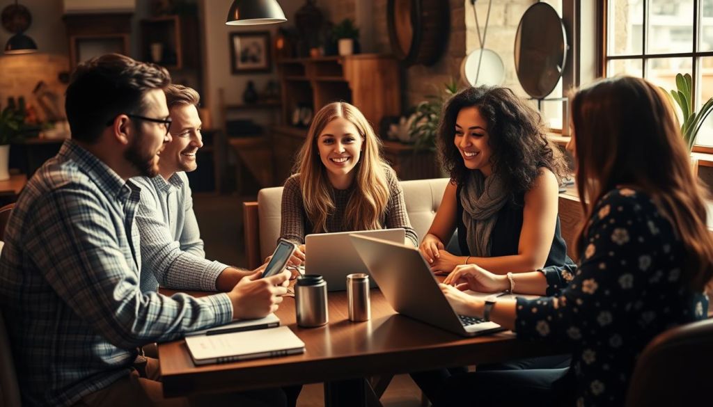 A group of travel influencers engaged in a lively discussion, gathered around a table in a cozy cafe setting. Soft, warm lighting illuminates their faces as they collaborate on a travel campaign, laptops and notebooks open before them. The background features a blend of modern furnishings and rustic, vintage decor, creating an inviting atmosphere for strategic partnerships. The scene conveys a sense of professional camaraderie and shared passion for travel, with the influencers thoughtfully considering ways to maximize the impact of their alliance.