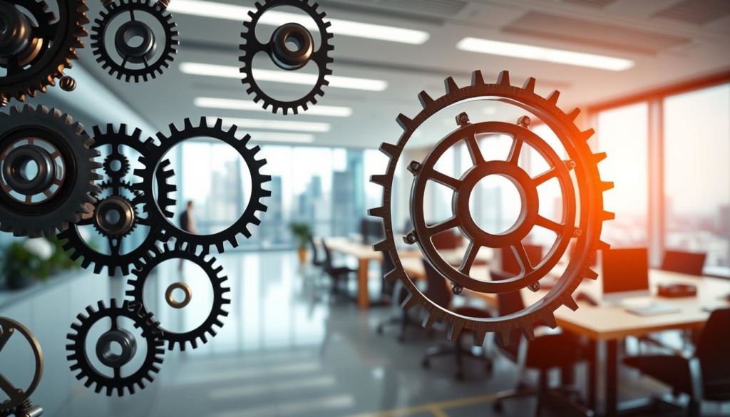 A harmonious integration of methodologies, seamlessly blending the streamlined principles of Lean with complementary approaches. In the foreground, a network of gears and cogs intertwine, symbolizing the synergistic collaboration. The middle ground features a sleek, minimalist workspace, with clean lines and efficient layouts. In the background, a vibrant cityscape provides the dynamic context, reflecting the transformative impact of this integrated methodology. Soft, diffused lighting casts a warm, collaborative atmosphere, highlighting the balance and adaptability of this comprehensive business solution. Captured through a wide-angle lens, the composition conveys a sense of holistic optimization and continuous improvement.