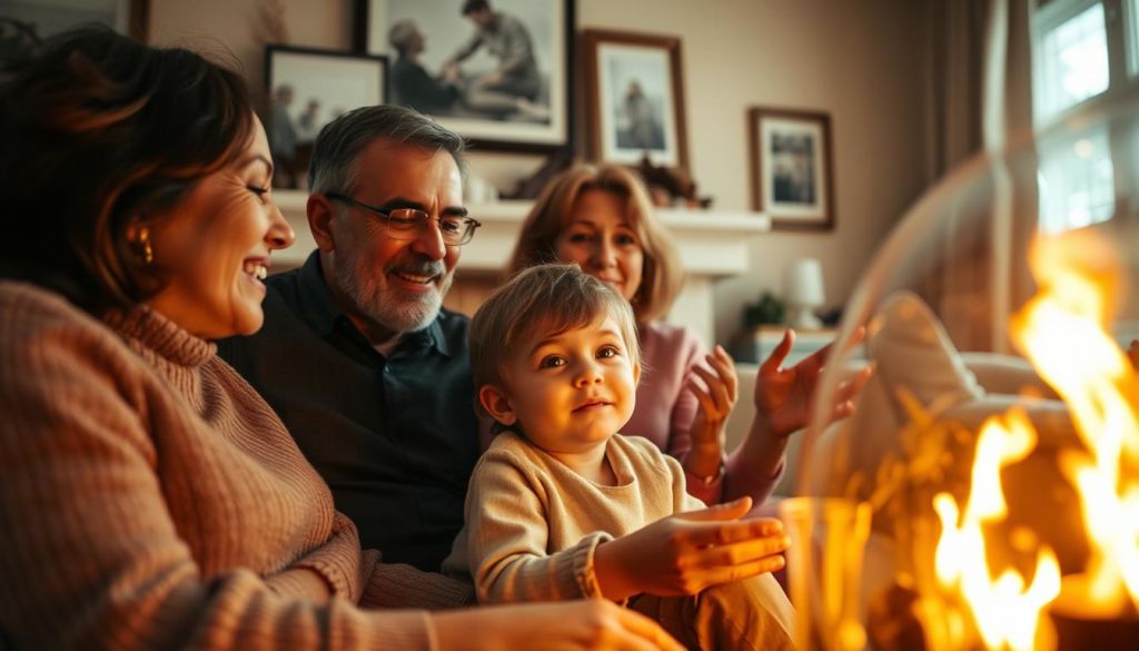 A heartwarming scene of a family gathered around a cozy fireplace, faces aglow with emotion as they share stories and bond over shared experiences. Warm, soft lighting casts a gentle glow, creating an intimate, inviting atmosphere. In the foreground, a child nestled in a parent's lap, wide-eyed and captivated. In the middle ground, two adults engaged in deep conversation, gesturing animatedly. The background features a tastefully decorated living room, with personal mementos and artwork hinting at the family's rich history and emotional connections. The overall mood is one of comfort, belonging, and the power of human relationships to evoke profound feelings.