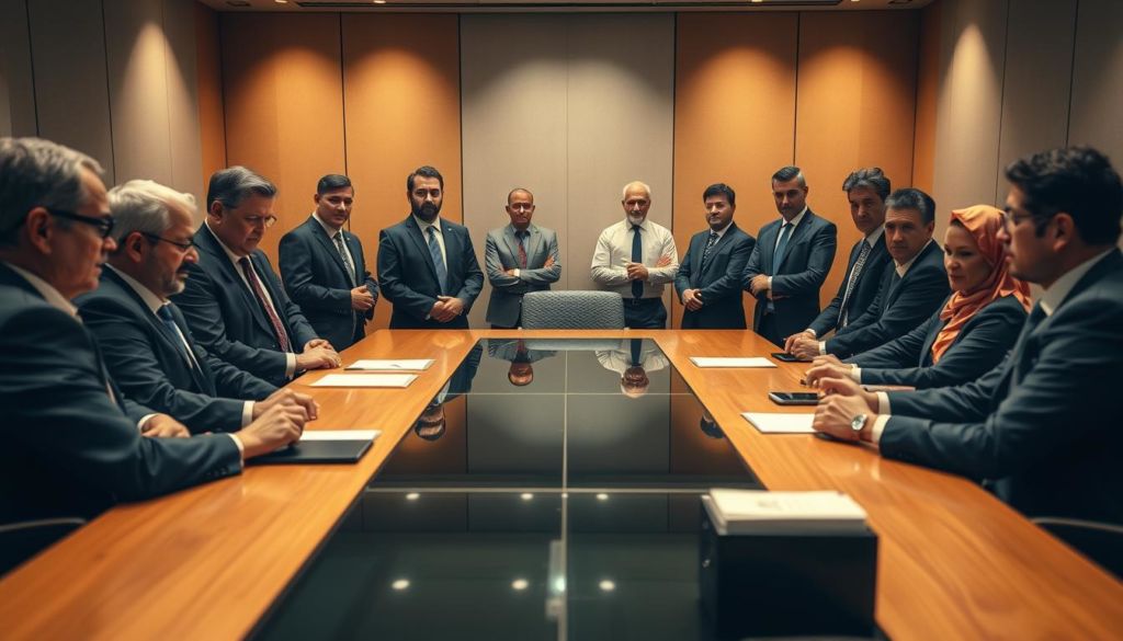 A high-angle shot of a corporate negotiation scene, with a group of stern-faced, well-dressed suppliers standing across a conference table from a panel of serious-looking business executives. The suppliers exude an air of authority and control, their body language and facial expressions suggesting a tense standoff. The conference room is illuminated by warm, diffused lighting, creating a sense of professional but competitive atmosphere. The background is slightly blurred, focusing attention on the central negotiation dynamics between the two parties.