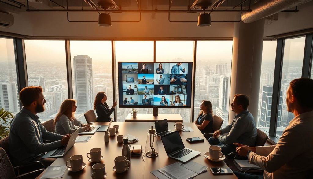 A high-angle shot of a modern office space, filled with successful business individuals collaborating on a "cases de sucesso" presentation. The foreground showcases a table with laptops, coffee mugs, and neatly arranged documents, while the middle ground features a team of professionals engaged in a lively discussion, gesturing towards a large TV screen displaying various business success stories. The background is a panoramic view of the city skyline, bathed in warm, natural lighting that filters through large windows, creating a professional yet inviting atmosphere. The overall scene conveys a sense of productivity, innovation, and a collective drive towards achieving "cases de sucesso" in the accounting and marketing industries.
