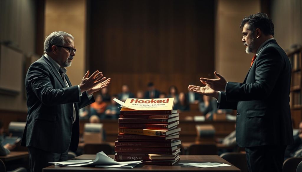 A high-contrast, cinematic image depicting a heated debate around the controversial book "Hooked" by Nir Eyal. In the foreground, two figures stand opposed, their gestures animated and expressions intense as they argue passionately. The middle ground features a stack of the book, its cover prominently displayed, surrounded by scattered papers and documents. The background is a blurred, moody setting suggesting a scholarly or academic environment - possibly a lecture hall or library. Dramatic lighting casts dramatic shadows, heightening the sense of intellectual confrontation. The overall mood is one of critical discourse, with an undercurrent of tension and drama.
