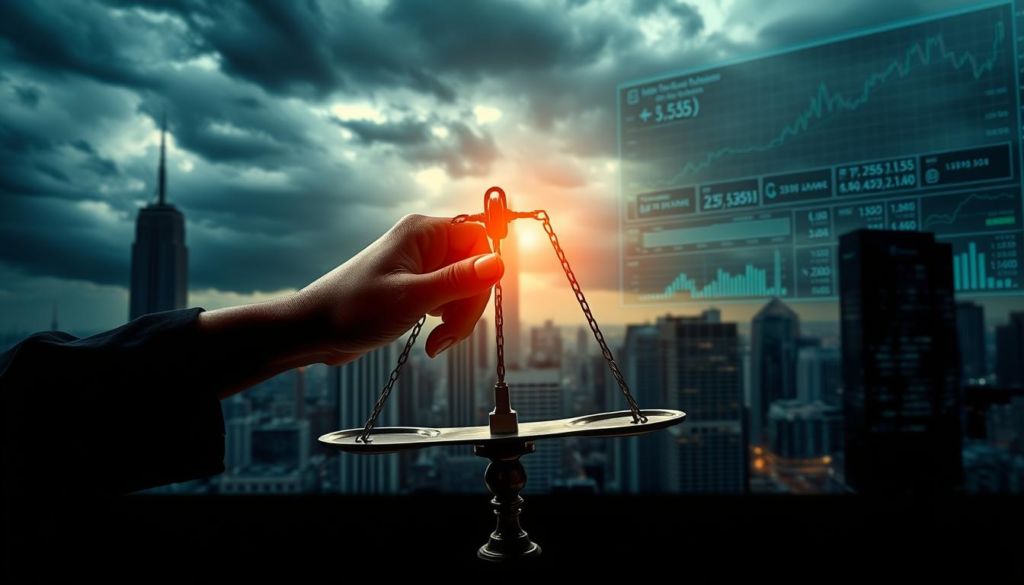 A high-contrast, cinematic image of a financial risk management concept. In the foreground, a hand carefully balances a set of metal scales, symbolizing the delicate balance of risk and reward. The middle ground features a cityscape skyline, with towering skyscrapers and a stormy, dramatic sky above, conveying the volatility and uncertainty of the financial landscape. In the background, intricate data visualizations and financial charts are projected onto the buildings, highlighting the complex analytics and decision-making processes involved in effective financial risk management. The lighting is bold and dramatic, with sharp shadows and highlights, creating a sense of tension and urgency. Shot with a wide-angle lens to capture the scale and scope of the scene.
