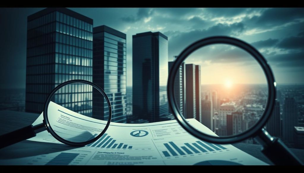 A high-contrast, cinematic scene depicting a competitive business landscape. In the foreground, a magnifying glass hovers over a detailed financial report, conveying a sense of analytical scrutiny. In the middle ground, a series of sleek, modern office buildings stand tall, their reflective glass facades mirroring the competitive environment. In the background, a cityscape stretches out, hinting at the broader market dynamics at play. The lighting is dramatic, with strong shadows and highlights, creating a sense of urgency and intensity. The overall mood is one of strategic focus, as the analysis of the competition becomes the key to success.