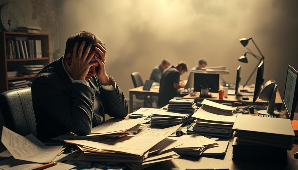 A high-contrast, cinematic scene depicting the common challenges of implementing a freemium business model. In the foreground, a frustrated business executive holds their head in their hands, surrounded by a cluttered desk and scattered documents - symbolizing the complexity and difficulties of balancing a free and premium offering. In the middle ground, a team of developers and marketers work diligently, grappling with the technical and strategic obstacles of the freemium approach. The background is hazy, casting an uncertain, ominous tone over the scene, suggesting the unpredictable nature of the freemium model. The lighting is dramatic, with sharp shadows and highlights emphasizing the tension and gravitas of the situation. The overall mood is one of worry, uncertainty, and the weight of responsibility.