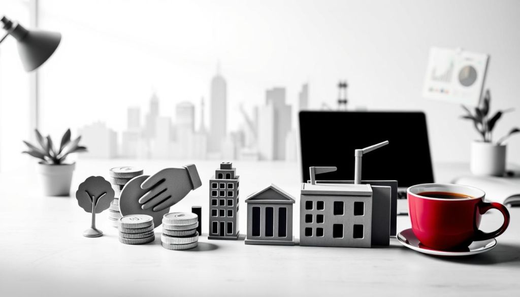 A high-contrast, detailed technical illustration depicting various business loan types and models. In the foreground, a group of diverse loan icons - a stack of coins, a handshake, a graph, and a building - arranged to showcase the different loan options available to entrepreneurs. The middle ground features an isometric city skyline with office buildings and factories, representing the business environment. The background is a softly lit workspace, with a laptop, financial charts, and a cup of coffee, suggesting the decision-making process. The overall mood is professional, authoritative, and informative, subtly guiding the viewer through the nuances of business loan types.