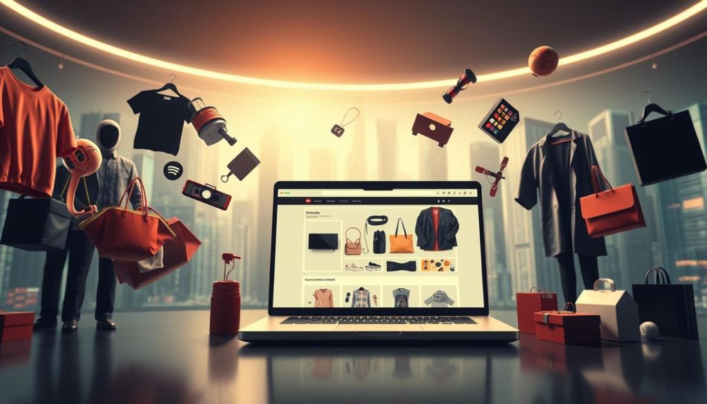 A high-contrast, dynamic scene depicting the key advantages of e-commerce. In the foreground, a diverse array of products - apparel, electronics, home goods - float weightlessly, showcasing the boundless selection available to online shoppers. In the middle ground, a stylized laptop or mobile device displays a clean, user-friendly e-commerce interface, inviting interaction. The background is filled with a futuristic cityscape, hinting at the global reach and convenience of internet-based commerce. The lighting is bright, crisp, and slightly theatrical, creating a sense of energy and possibility. The overall mood is one of empowerment, efficiency, and the vast potential of the digital marketplace.
