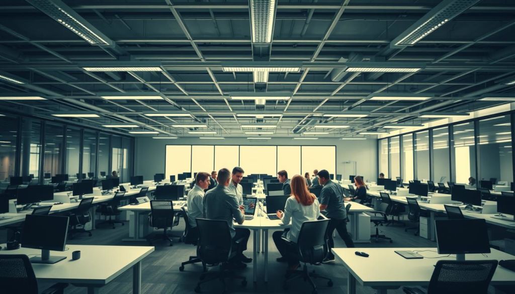 A high-contrast, wide-angle photograph of a modern office space with sleek, efficient-looking desks and chairs arranged in a dynamic, collaborative layout. Overhead, a bright, focused lighting system illuminates the space, casting long shadows and creating a sense of energy and purpose. In the foreground, a group of employees are engaged in a lively discussion, their body language and facial expressions conveying a sense of focus and determination. The background is slightly blurred, drawing the viewer's attention to the central figures and creating a sense of depth and immersion. The overall mood is one of productivity, innovation, and a relentless drive to "Aumentar eficiência de vendas."