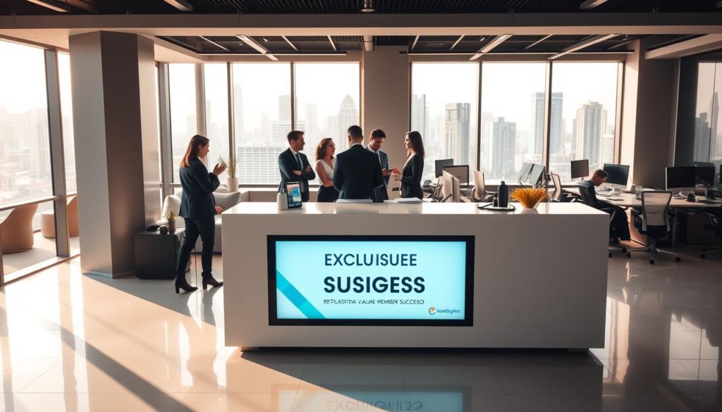 A high-contrast, wide-angle photograph of a stylish, modern office interior showcasing the "Clubs de Vantagens de Sucesso" concept. In the foreground, a sleek, minimalist reception desk with a prominent digital display highlighting exclusive member benefits. Behind it, a group of well-dressed business professionals engaged in lively discussion, representing the vibrant community of the club. The middle ground features an open, collaborative work area with ergonomic furniture and high-tech accessories, conveying a sense of productivity and innovation. The background depicts floor-to-ceiling windows overlooking a bustling urban skyline, bathed in warm, natural lighting that creates a sophisticated, aspirational atmosphere.
