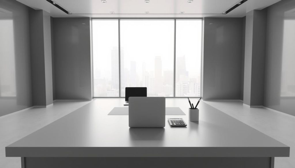 A high-quality 3D render of a modern office setting, with a large desk featuring a laptop, a calculator, and a pen holder. The desk is surrounded by a sleek, minimalist environment with gray walls, a large window overlooking a cityscape, and discreet lighting fixtures. The scene conveys a sense of professional focus and attention to financial details. The camera angle is slightly elevated, providing a clear, unobstructed view of the desk and its contents. The lighting is soft and evenly distributed, creating a calm, contemplative atmosphere suitable for illustrating the subject of "Definindo Orçamentos e Lances".