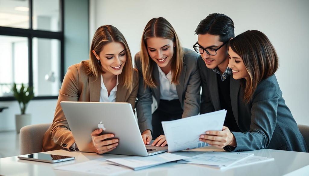 A high-quality, beautifully lit image of a professional-looking digital marketing team collaborating on a laptop and papers, with relevant marketing content and analytics visible on the screen. The team members are focused and engaged, reflecting the importance of content in outreach marketing. The scene is set in a modern, minimalist office space with clean lines, natural lighting, and a neutral color palette that enhances the professionalism of the image. The overall atmosphere conveys a sense of productivity, strategy, and the critical role of content in effective outreach marketing.
