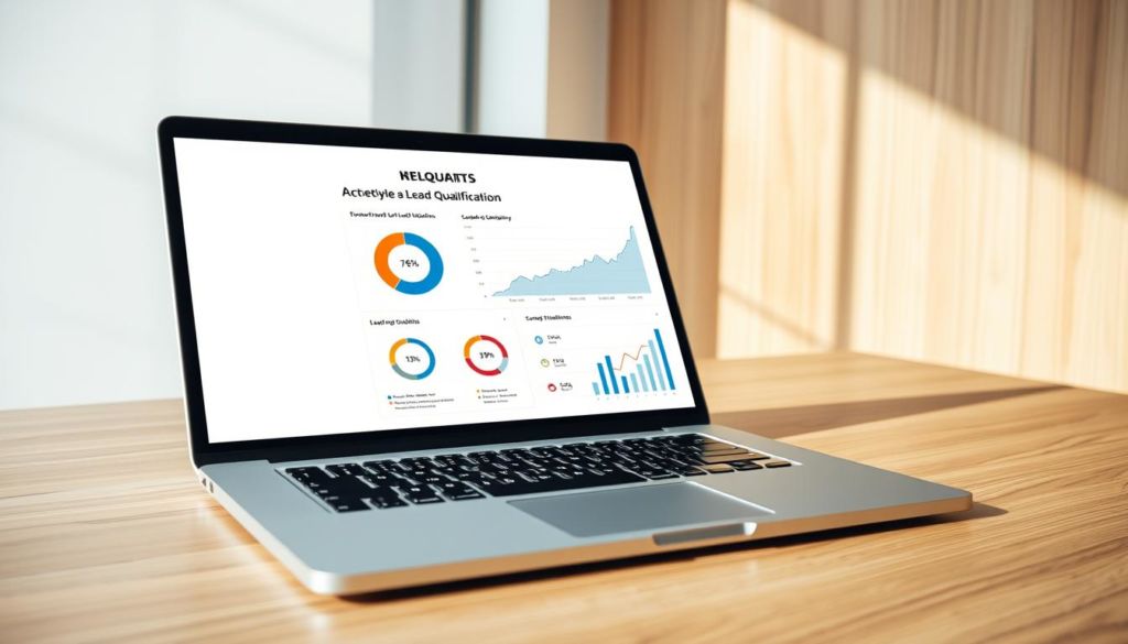 A high-quality business chart displayed on a sleek, modern laptop, positioned on a minimalist, wood-paneled desk. The chart visualizes key metrics and data points related to lead qualification, with clean, intuitive infographics. Soft, natural lighting illuminates the scene, creating a professional, yet inviting atmosphere. The composition emphasizes simplicity and clarity, allowing the data visualization to take center stage. The overall aesthetic conveys a sense of efficiency, organization, and the strategic optimization of the lead qualification process.