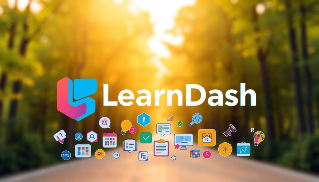 A high-quality, colorful, and visually-striking image of "LearnDash para criadores de conteúdo". The foreground features a large, vibrant 3D logo of LearnDash, rendered with a sleek, modern design. The middle ground showcases a dynamic array of artistic icons and graphics representing the key features and capabilities of the platform, such as course creation, content management, user engagement, and analytics. The background depicts a soft, blurred landscape of a lush, green forest, with a warm, golden-hour lighting that sets a welcoming, creative atmosphere. The overall composition is balanced, visually compelling, and effectively conveys the idea of LearnDash as a powerful, user-friendly learning management system tailored for content creators.