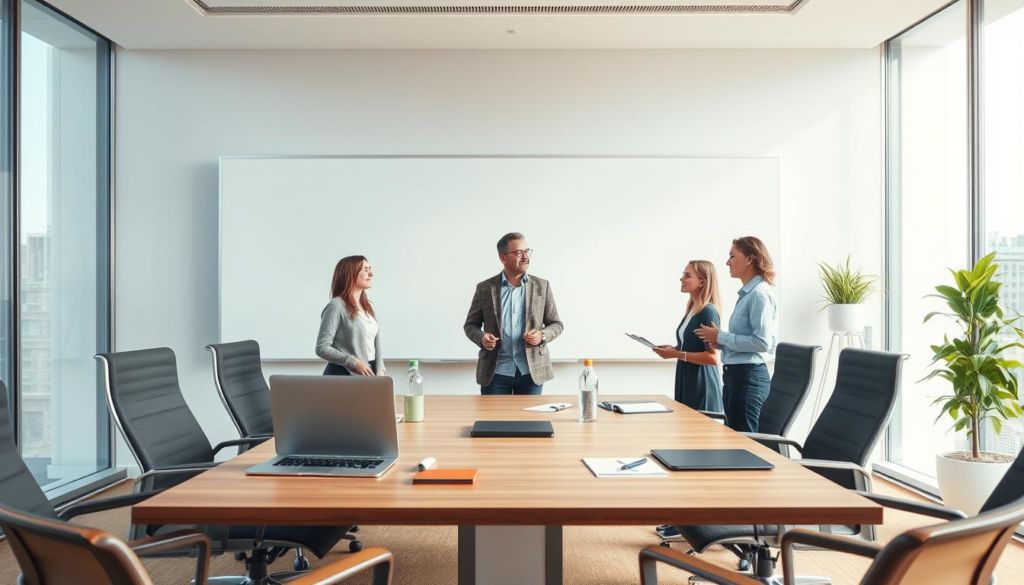 A high-quality conference room with modern, minimalist furniture and decor. In the foreground, a square conference table surrounded by ergonomic chairs, with a laptop, notebooks, and pens neatly arranged. Behind the table, a large, seamless whiteboard spans the wall, inviting collaborative brainstorming. The middle ground features three professionals - a marketer, an engineer, and an event planner - engaged in a lively discussion, their body language and facial expressions conveying deep focus and camaraderie. The background showcases floor-to-ceiling windows, allowing natural light to flood the space and create a warm, productive atmosphere. The lighting is soft and even, with subtle shadows accentuating the contours of the room. The overall scene evokes a sense of efficiency, creativity, and synergy within a modern, well-appointed office setting.