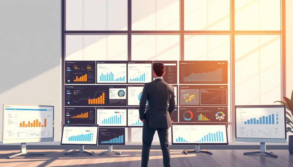 A high-quality, detailed illustration depicting the selection of a sales system. In the foreground, a businessperson stands before an array of modern digital interfaces, carefully evaluating different sales software options. The middle ground shows a variety of sales metrics and analytics dashboards, conveying the importance of data-driven decision making. In the background, a clean, minimalist office environment with large windows provides an airy, professional atmosphere. Warm, natural lighting casts subtle shadows, creating depth and a sense of contemplation. The overall mood is one of thoughtful consideration, as the viewer is invited to imagine the process of choosing the ideal sales system for a business.