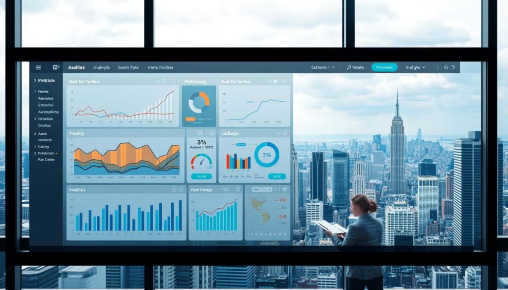 A high-quality, detailed market analysis visualization depicting an integrated, comprehensive view of market trends, data, and insights. The foreground shows a sleek, modern dashboard interface with interactive charts, graphs, and data visualizations. The middle ground features a team of analysts poring over reports and collaborating on insights. The background displays a cityscape with a bustling financial district, symbolizing the global scope of the market analysis. The image conveys a sense of professionalism, data-driven decision making, and sophisticated business intelligence. Soft, neutral lighting casts an authoritative and trustworthy atmosphere. The overall composition presents a compelling, informative, and visually engaging representation of "análise integrada de mercado".
