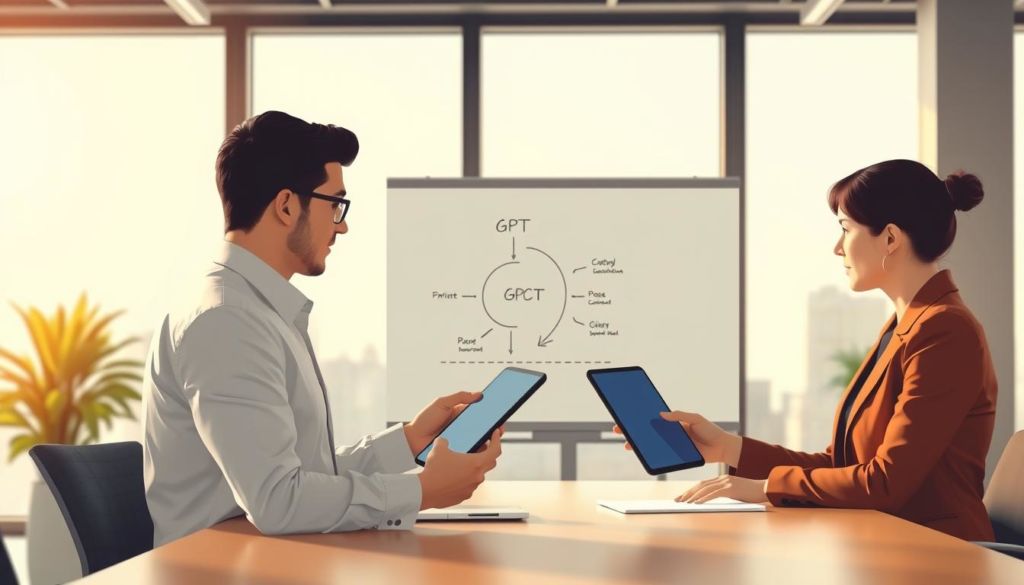 A high-quality, digital illustration depicting the process of "Como Usar GPCT" for effective sales. The foreground shows a salesperson guiding a customer through a sales presentation, using a sleek, modern GPCT device. The middle ground features a whiteboard with a simple, yet informative GPCT diagram. The background showcases a professional, corporate office setting with floor-to-ceiling windows, allowing natural light to illuminate the scene. The overall mood is one of efficiency, professionalism, and success, reflecting the article's subject matter. The lighting is soft and warm, creating a sense of approachability and trustworthiness. The composition is balanced and visually appealing, drawing the viewer's attention to the key elements of the GPCT sales process.
