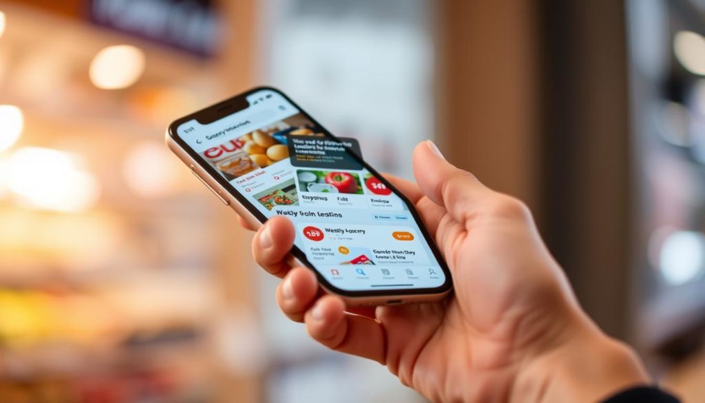 A high-quality mobile application on a sleek, modern smartphone with a crisp, high-resolution display. The app's user interface is clean, intuitive, and visually appealing, featuring bold typography, vibrant colors, and subtle animations. The screen shows a variety of features, such as shopping lists, weekly deals, and store locations, all optimized for easy navigation and a seamless customer experience. The phone is held in a natural, comfortable position, suggesting the app's practicality and convenience for everyday use. The scene is illuminated by warm, diffuse lighting, creating a welcoming and inviting atmosphere that reflects the app's role in enhancing the grocery shopping experience.