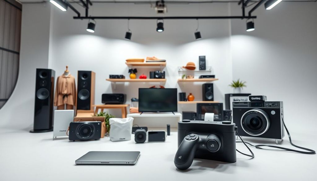 A high-quality product image showcasing the "Qualidade das Imagens" concept. A carefully lit, crisp, and well-composed photograph of various consumer products, such as electronics, home goods, or fashion items, displayed on a clean, minimalist white backdrop. The focus is on the vivid, true-to-life colors, sharp details, and overall visual appeal of the products, conveying a sense of professionalism and attention to quality. The lighting is soft and diffused, creating an inviting, studio-like atmosphere. The camera angle is slightly elevated, providing a clean, unobstructed view of the products. The overall impression is one of sophistication, attention to detail, and a commitment to presenting the best possible visual representation of the goods.