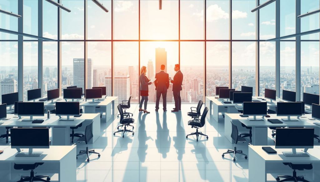 A high-resolution architectural illustration of a modern office building interior, featuring a clean, organized arrangement of desks, chairs, and computer equipment. In the middle-ground, a group of business professionals are engaged in a focused discussion, referencing legal documents and contracts. The background depicts a large window overlooking a bustling cityscape, with the sun's rays streaming in and casting a warm, professional glow throughout the scene. The overall tone is one of efficiency, order, and attention to regulatory considerations, reflecting the "Considerações legais e regulamentações" theme.