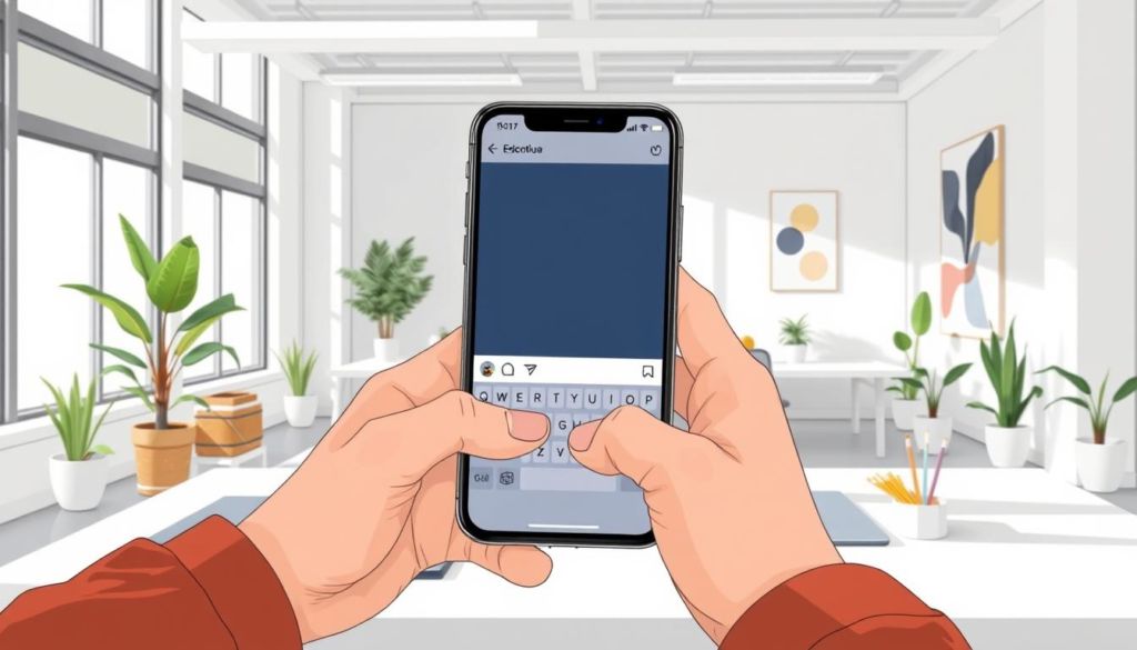 A high-resolution, detailed illustration of a person using a smartphone to create a social media post with a relevant hashtag. Set in a modern, minimalist office environment with natural lighting from large windows. The foreground shows the person's hands and the phone screen, highlighting the process of typing the hashtag. The middle ground includes their desk with various office supplies, and the background features a clean, uncluttered space with potted plants and abstract wall art. The overall mood is focused, productive, and educational, reflecting the informative nature of the article section.
