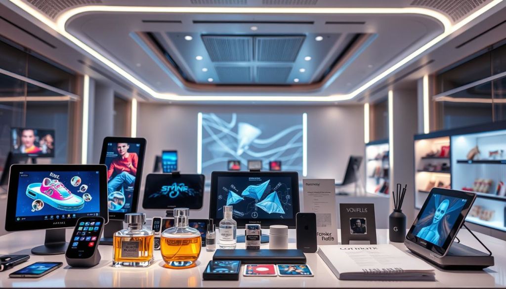 A high-resolution, detailed image of various marketing tools and technologies for sensory marketing. In the foreground, an array of digital devices, touchscreens, and interactive displays. In the middle ground, physical items like fragrances, fabrics, and product samples. In the background, a futuristic, minimalist interior with clean lines and accent lighting, conveying a sleek, innovative atmosphere for sensory marketing applications. The overall scene should feel both visually compelling and technically sophisticated, highlighting the tools and technologies that enable immersive, multisensory marketing experiences.
