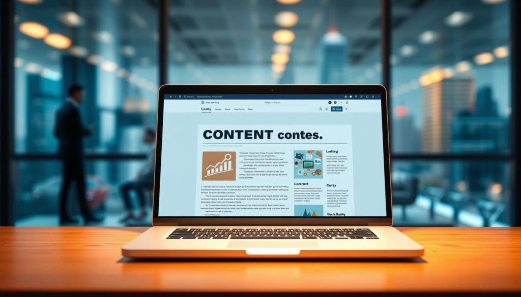 A high-resolution digital illustration depicting content marketing for SaaS sales. In the foreground, a laptop screen displays a social media post or blog article with visually engaging graphics and concise, compelling copy. In the middle ground, a team of marketing professionals collaborates on content ideation, creation, and optimization. The background features a blurred cityscape, symbolizing the global reach and impact of digital marketing. The lighting is soft and warm, evoking a sense of professionalism and expertise. The overall aesthetic is modern, clean, and visually striking, reflecting the innovative nature of content marketing in the SaaS industry.