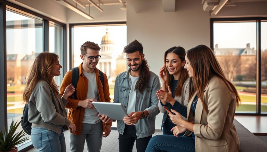 A high-resolution, photorealistic scene of successful social media influencers collaborating on a marketing campaign for a university or college. In the foreground, a group of diverse young adults, styled in trendy fashion, engaged in a casual brainstorming meeting, gesturing animatedly and exchanging ideas on a tablet computer. The middle ground features a sleek, modern office space with minimalist decor, large windows letting in warm, natural light. In the background, the university's iconic architecture and campus grounds can be seen through the windows, creating a sense of place. The overall mood is vibrant, professional, and aspirational, reflecting the potential of influencer partnerships to elevate a school's brand and reach new student audiences.