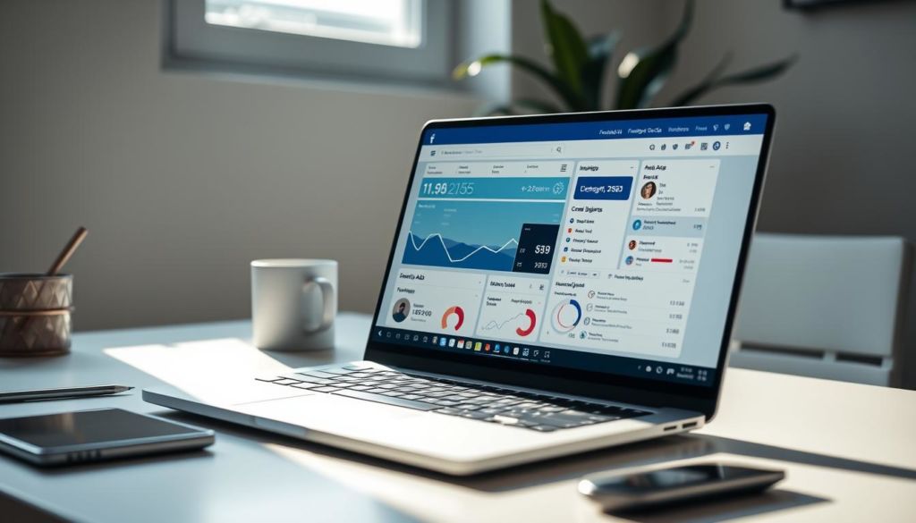 A high-resolution, wide-angle photograph of a Facebook Ads dashboard on a laptop screen, lit by soft, diffused natural lighting coming through a window. The dashboard displays various insights and analytics, with clear visualizations of metrics such as ad performance, audience targeting, and campaign results. The laptop is set on a minimalist, modern desk, with a few office supplies and a stylish plant in the background, creating a clean, professional atmosphere. The image captures the essence of leveraging Facebook Ads with detailed insights to drive business success.