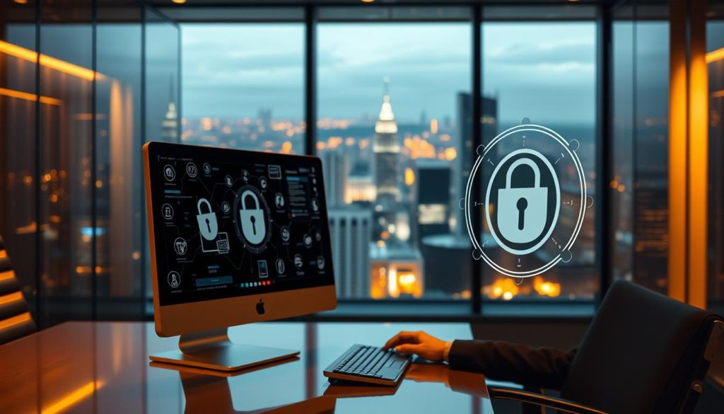 A high-security corporate office interior, bathed in warm, ambient lighting. In the foreground, a sleek desktop computer displays a secure e-commerce transaction, with an array of encryption icons and authentication protocols. The middle ground features a well-dressed business professional, intently focused on the screen, conveying a sense of professionalism and attention to detail. In the background, a panoramic view of a bustling urban cityscape, representing the global reach and scale of the B2B e-commerce operation. The overall atmosphere exudes a tone of trust, reliability, and technological sophistication, perfectly suited to illustrate the "Segurança e compliance no E-commerce B2B" section of the article.