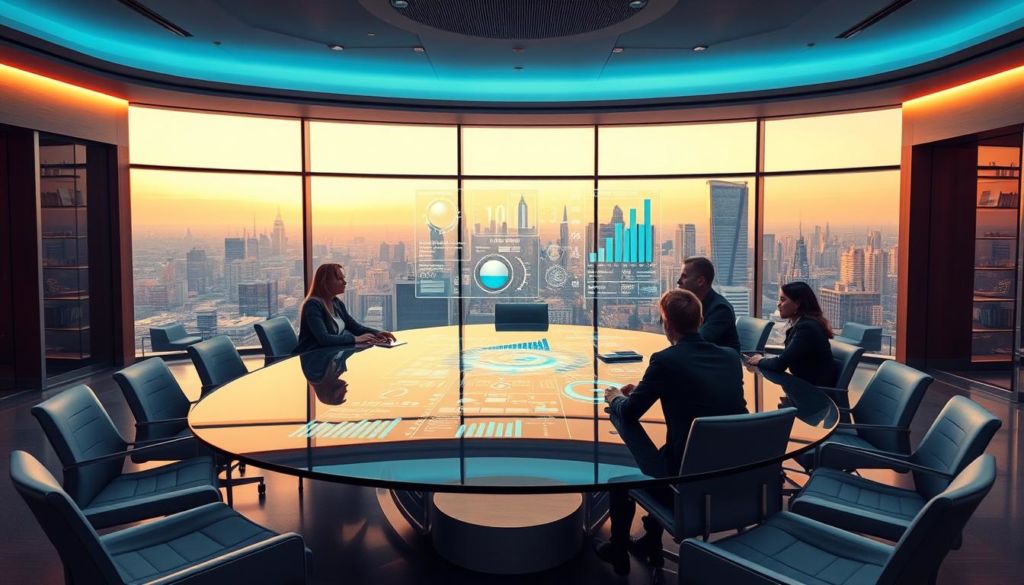 A high-tech boardroom with a large, curved glass conference table at the center. Sleek, minimalist furniture and floor-to-ceiling windows overlooking a vibrant city skyline. A team of business executives engaged in a lively discussion, using a holographic display to analyze complex data visualizations and financial charts. Soft, even lighting casts a warm glow, creating a productive and collaborative atmosphere. The room emanates a sense of innovation, efficiency, and informed decision-making powered by a cutting-edge business management software system.