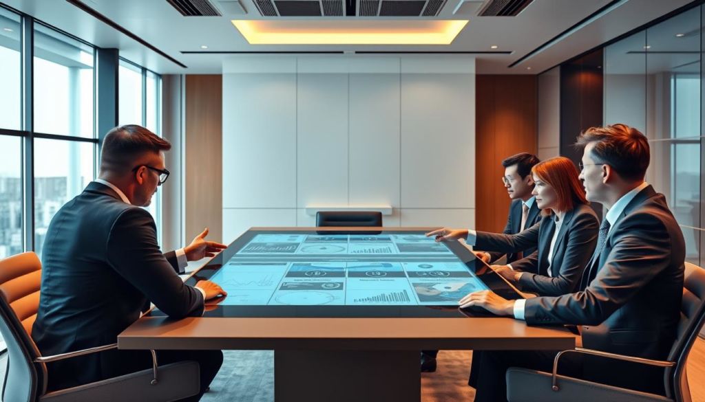 A high-tech conference room with a large, sleek touchscreen display at the center. Sophisticated business people in suits collaborating around the table, gesturing towards the display showing complex data visualizations and strategy roadmaps. Warm, directional lighting highlights the modern, minimalist furniture and architectural details. A sense of focus, innovation and strategic planning permeates the scene. The room conveys an atmosphere of cutting-edge technology seamlessly integrated into the strategic decision-making process.