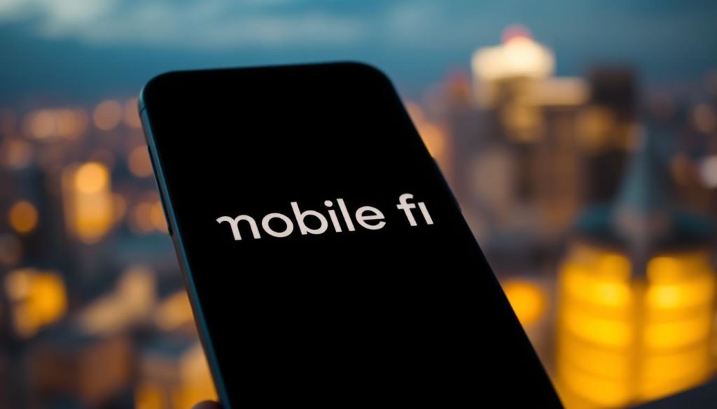 A highly-detailed, cinematic shot of a mobile phone screen displaying the words "mobile first otimização para dispositivos móveis" in a modern, clean font. The screen is set against a blurred, out-of-focus background of a city skyline, bathed in warm, golden hour lighting. The image is captured at a slight angle, creating a sense of depth and dynamism. The phone's bezel is minimalist, allowing the screen content to take center stage. The overall composition conveys a professional, technology-focused aesthetic that would complement the "Mobile First: Prioridade em Dispositivos Móveis" section of the "Guia Prático: Como Aparecer no Google" article.