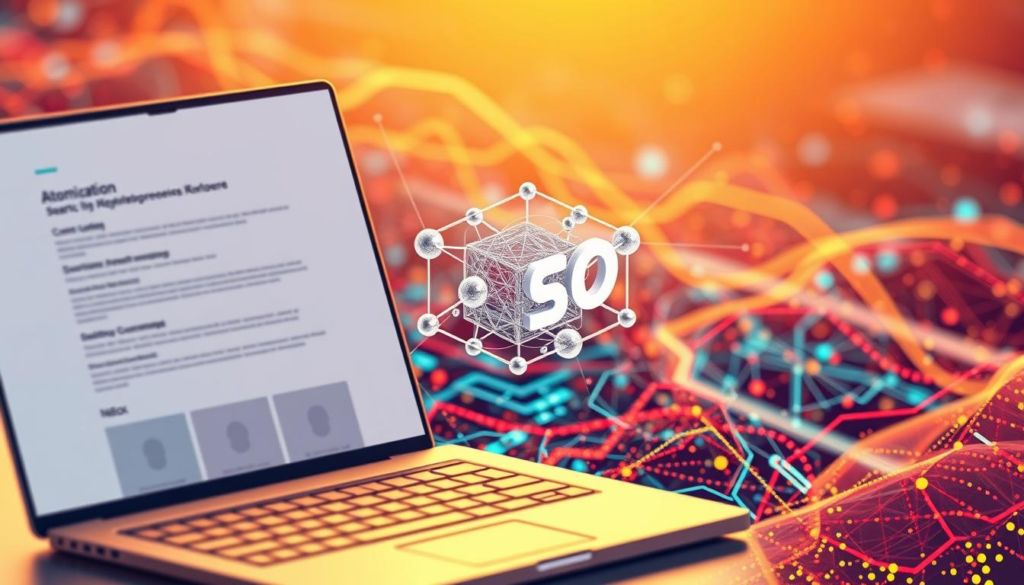 A highly detailed digital illustration depicting the seamless integration of atomization and search engine optimization (SEO). In the foreground, a sleek, modern webpage showcases neatly organized content modules, symbolizing the atomized approach. The middle ground features a complex algorithm visualized as a three-dimensional network, representing the intricate SEO processes. In the background, a vibrant, abstract landscape of data streams and digital patterns conveys the dynamic, interconnected nature of the subject matter. The scene is bathed in a warm, golden lighting, creating a sense of harmony and efficiency. The composition is captured from a slightly elevated, isometric angle, providing a comprehensive, well-balanced perspective.