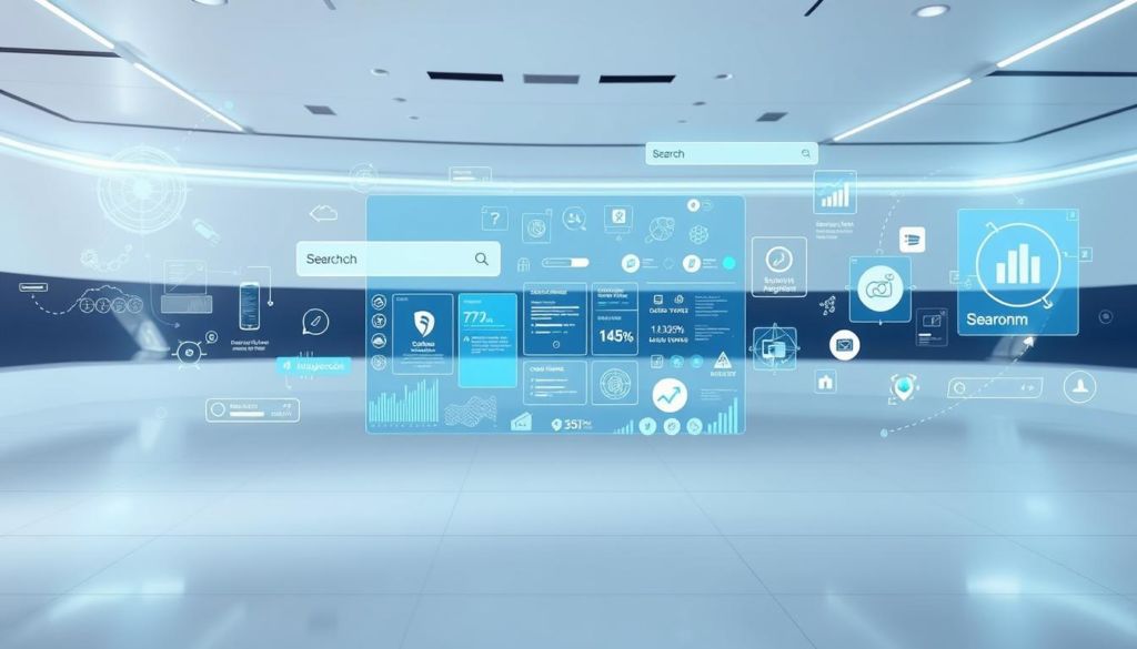 A highly detailed, futuristic digital workspace with a variety of cutting-edge online search tools floating in midair. The foreground features sleek, holographic search bars, interactive query prompts, and data visualization panels. In the middle ground, advanced algorithms and AI-powered search analytics are visible, surrounded by a dynamic array of search engine logos and icons. The background depicts a vast, minimalist landscape of clean white surfaces and subtle blue-tinted lighting, creating a sense of technological innovation and efficiency. The overall scene conveys a powerful, high-tech aesthetic that perfectly encapsulates the theme of advanced online search capabilities.