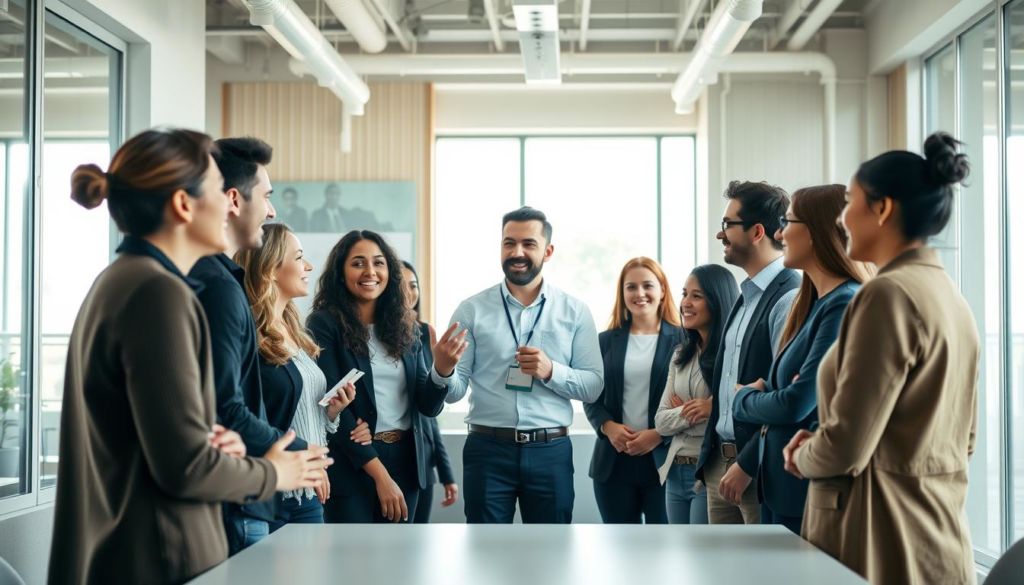 A highly effective recruitment process, featuring a bright and airy office setting with natural light streaming through large windows. In the foreground, a diverse group of engaged candidates converse animatedly, their body language conveying enthusiasm and connection. In the middle ground, an attentive HR manager guides the discussion, providing a welcoming and inclusive atmosphere. The background showcases modern, minimalist decor that reflects the company's brand and culture, creating a sense of professionalism and innovation. Soft, diffused lighting and a warm color palette evoke a mood of productivity, collaboration, and opportunity.