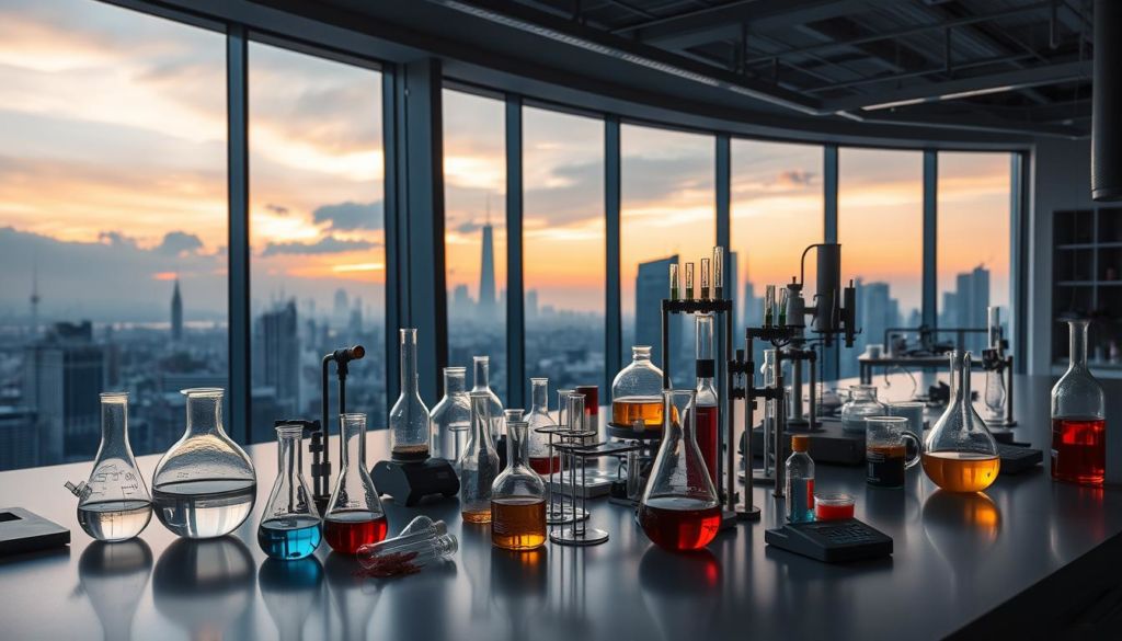 A laboratory setting with various scientific glassware and equipment scattered across a sleek, modern countertop. Beakers, test tubes, and Erlenmeyer flasks filled with colorful liquids and powders, emitting a faint glow. In the background, a large window offers a panoramic view of a bustling city skyline, bathed in the warm hues of a golden hour sunset. The scene is illuminated by a soft, directional light that casts dramatic shadows, emphasizing the intricate details of the apparatus. The overall atmosphere is one of focused experimentation, technological innovation, and the convergence of scientific discovery with urban progress.