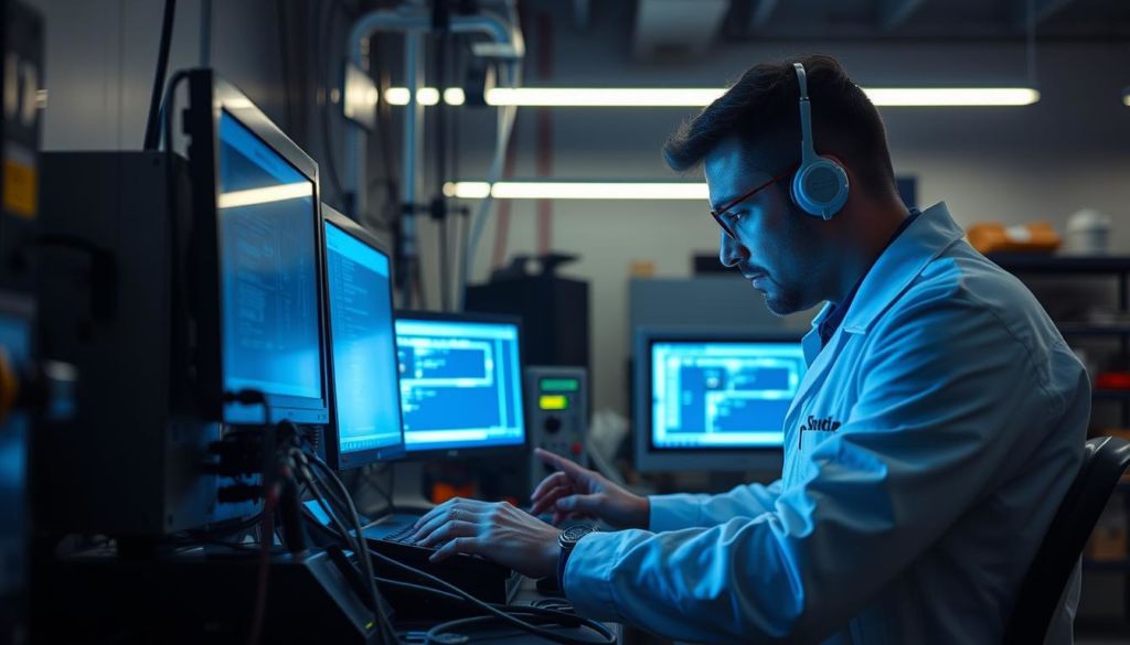A laboratory technician diligently conducting a series of system tests on a complex electronic device, the glow of monitors casting a soft blue hue across the workspace. Stainless steel equipment, test cables, and tools are meticulously arranged, reflecting the technician's attention to detail. The setting conveys a sense of scientific rigor and professionalism, perfectly suited to illustrate the "Testes e Demonstrações" section of the article.