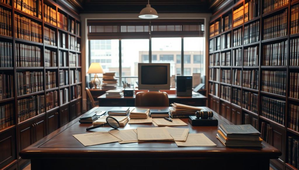 A large, imposing wooden desk sits in the foreground, its surface cluttered with legal documents, a magnifying glass, and a vintage desktop computer. Behind it, rows of bookshelves line the walls, filled with thick law books and case files. Soft, warm lighting illuminates the scene, creating a sense of scholarly contemplation. In the background, a window overlooks a bustling city street, hinting at the broader context of the research being conducted. The overall atmosphere is one of diligent investigation, with the desk and its accoutrements suggesting the meticulous search for prior art that is the focus of this "pesquisa de anterioridade".