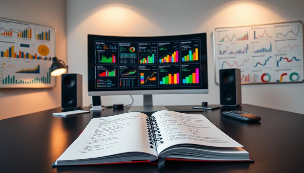 A large, modern office desk with a sleek computer setup, including a curved monitor displaying a grid of colorful sales performance metrics and KPIs. In the foreground, an open notebook with handwritten notes and calculations. Behind the desk, a wall-mounted whiteboard with multicolored charts and graphs tracking sales data. Soft, directional lighting from above casts a warm glow over the scene, creating a professional, analytical atmosphere. The overall composition emphasizes the importance of data-driven decision making in sales management.