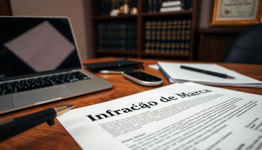 A legal document with the title "Infração de Marca" sits on a wooden desk, partially obscured by a laptop, smartphone, and various office supplies. The document's text is blurred, hinting at the legal complexities involved. In the background, a bookshelf with law books and a framed certificate add a sense of authority and expertise. The lighting is warm and subdued, creating a contemplative atmosphere, as if the viewer is considering the intricacies of trademark infringement.