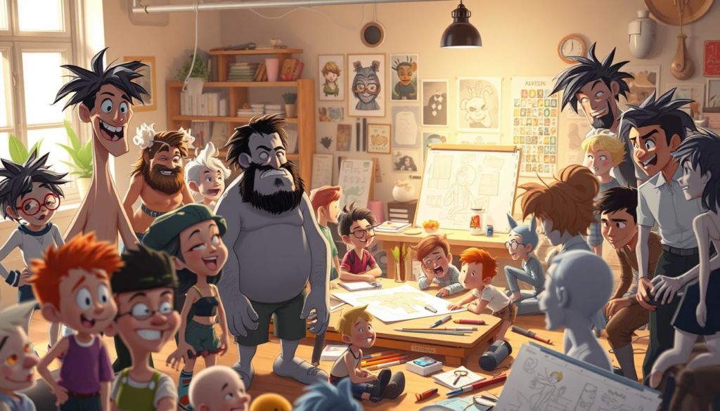 A lively and expressive character design scene with a focus on character development. In the foreground, a diverse cast of characters in various poses and expressions, showcasing their unique personalities and emotions. In the middle ground, a vibrant creative workspace filled with sketches, art supplies, and inspirational visual references. In the background, a warm and cozy studio environment with softly diffused natural lighting, creating an atmosphere of creativity and imagination. The overall mood is one of artistic exploration, character-building, and the joy of creative expression.